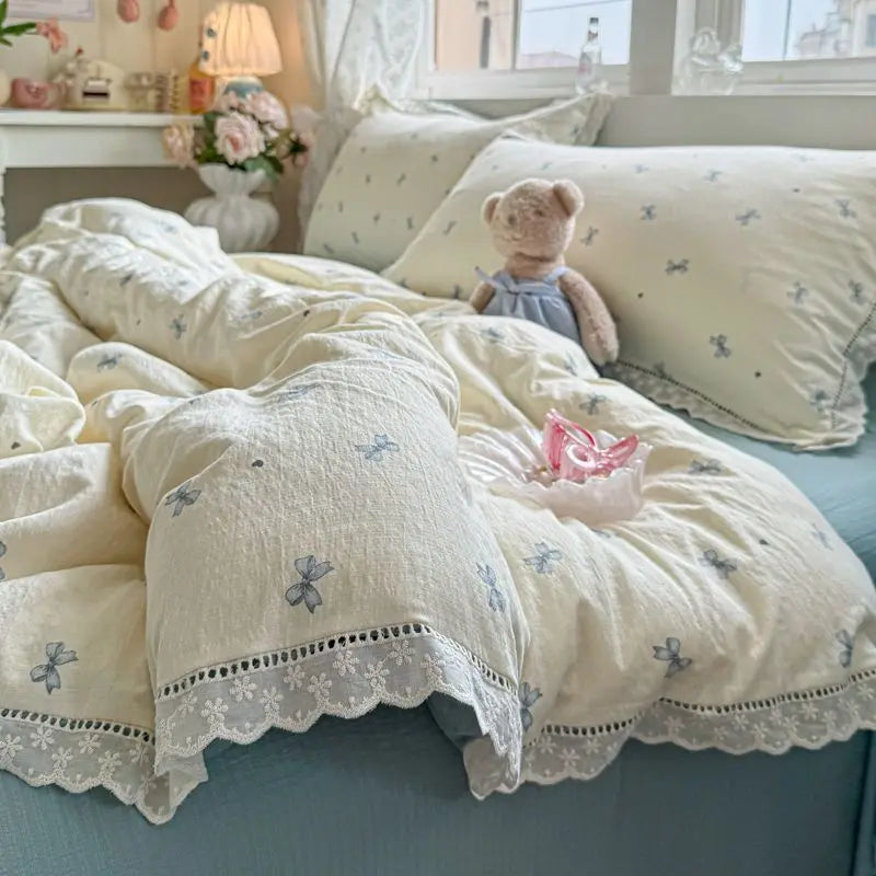 Cyflymder  Korean Style Girly Heart Floral Double Layer Gauze Four-Piece Set Princess Style Lace Trim Quilt Cover Bed Sheet Dormitory