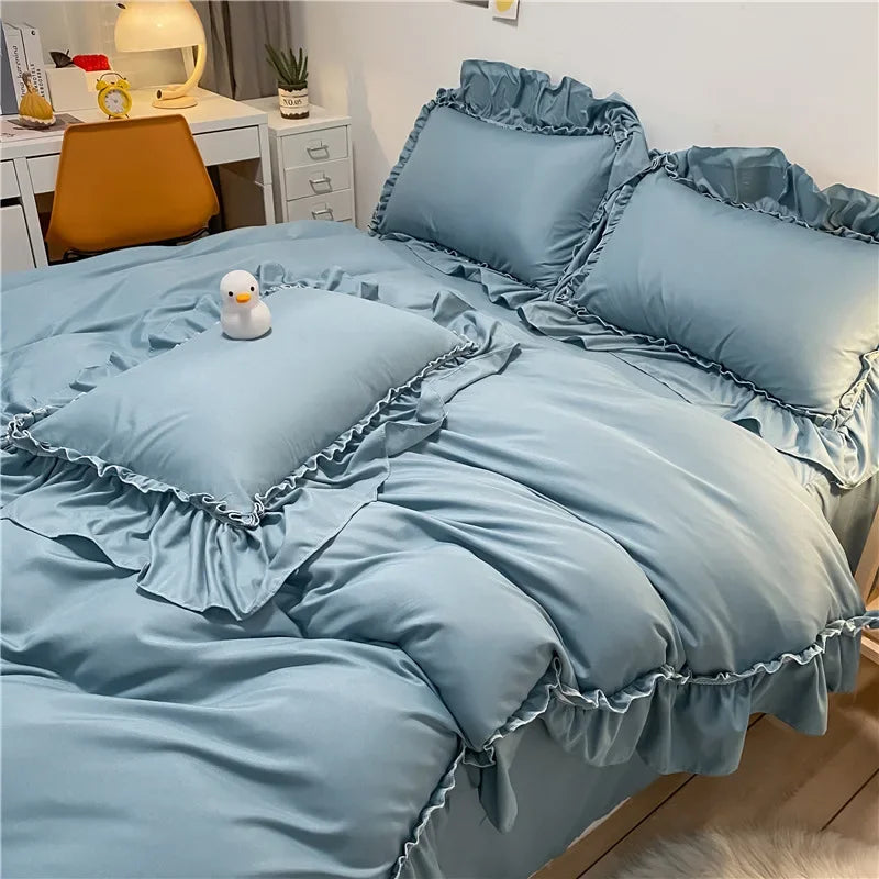Cyflymder  Korean Solid Pure Cotton Bed Skirt Bedding Sets Washed Cotton Comforter Set with Lace Princess Soft and Skin-Friendly Bedclothes