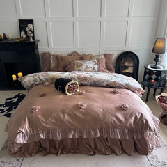 Cyflymder  Vintage Flowers Print Lace Patchwork Egyptian Cotton Bedding Set Duvet Cover Bed Sheet/Bed Skirt/Fitted Sheet Pillowcases 4Pcs