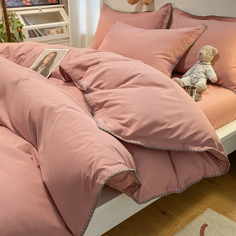 Cyflymder  Solid Color Bedding Set with Shell Edges Skin Friendly Simple Soft Duvet Cover Kit Cozy Fitted Sheet Set for Autumn Winter