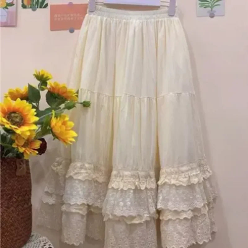 Cyflymder  Big Swing Lace Patchwork Elegant Summer Skirts Women Elastic Waist Retro Embroidery Ruffle Edge A-line Midi Skirt 285B