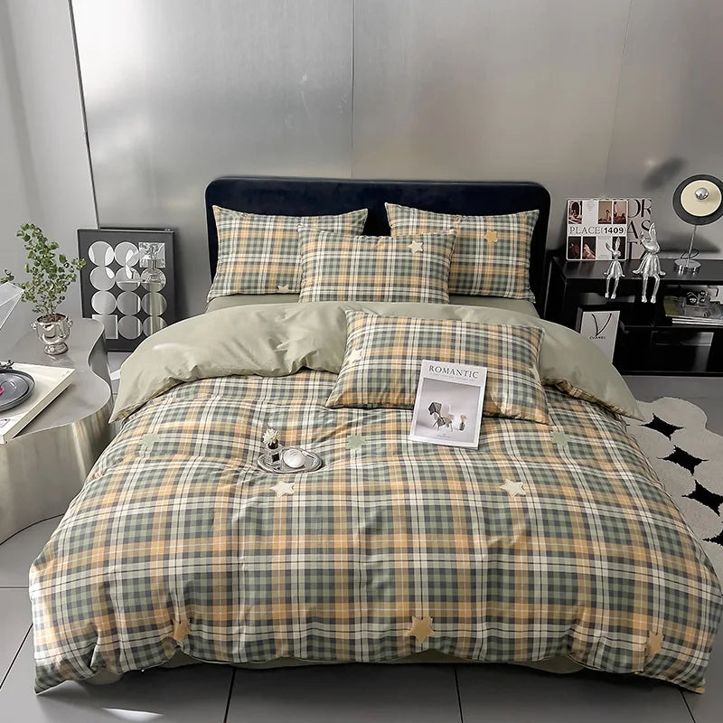 Cyflymder  100% Cotton Geometric Pattern Printed Bed Sets Soft Grid Duvet Cover Bedsheet Pillowcases for Home Single Queen Size Bedding Set