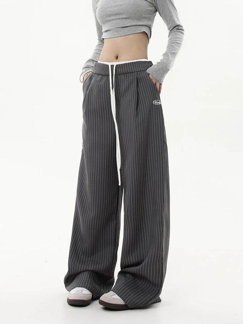 Cyflymder  American Striped Wide Leg Pants Women High Waist Patchwork Vintage Trousers Casual Loose Female Retro Straight Pants New