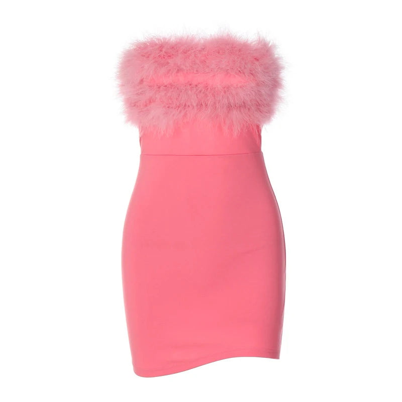 Cyflymder  Trendy Faux Fur Collar Stretch Tight Hollow Out Backless High-waist Sleeveless Strapless Pink Mini Dress Women Party Outfit