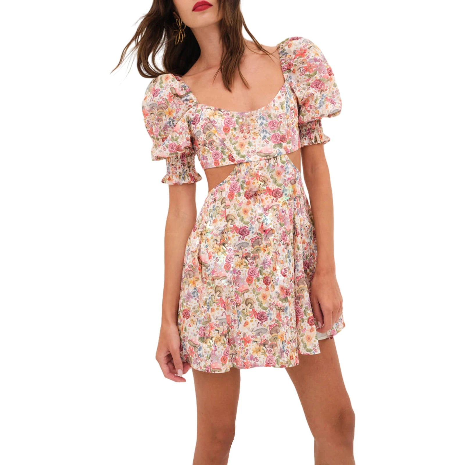 Cyflymder  Women s Summer Floral Print Dress Short Puff  Square Neck Cutout Waist  Mini A-Line Dress