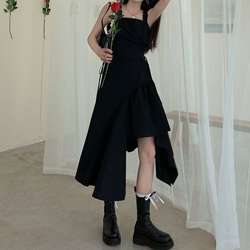 Cyflymder Black Spaghetti Strap Dress Goth Women Summer Elegant Sexy Party Solio Irregular Gothic Long Dress Korean Style Clothes New