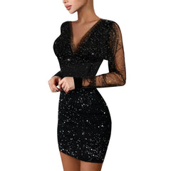 Cyflymder  Women's Black Sequins Mini Dress Mesh Long Sleeve Bodycon Wrapped Hip Sexy Short Dress Deep V-Neck Patchwork Club Party Dress