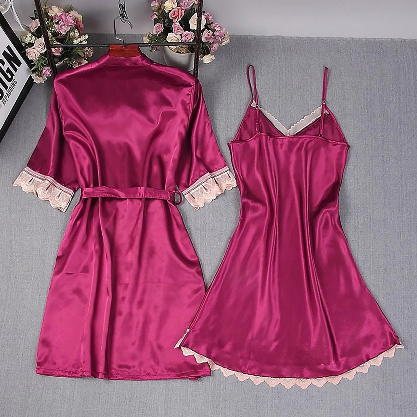 Cyflymder  2-Piece Women Sexy Garter Lingerie Set Robes Lace Splicing Deep V-Neck Nightgown Elegant Fashion Solid Color Retro House Cloth