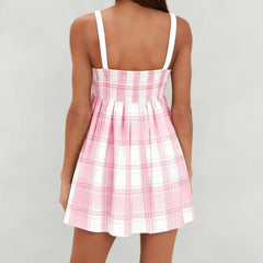 Cyflymder  Summer Sexy Ladies Casual A Line Stylish Decorative Bow Plaid V Neck Spaghetti Strap Dress Fashion Women's Mini Cami Dress
