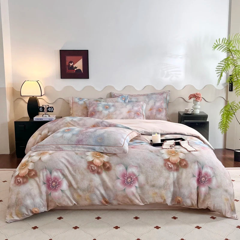 Cyflymder  100% Cotton Flowers Print Luxury Bedding Set Single Double Queen King Size Duvet Cover Flat/Fitted Bed Sheet Pillowcases 3/4Pcs