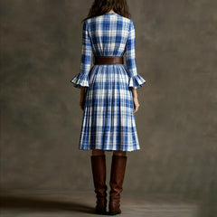 Cyflymder  Ladies' Bohemian Style Temperament Pleated Skirt Fashionable Round Neck Plaid Print edRetro Long Sleeved Casual A-line Dress