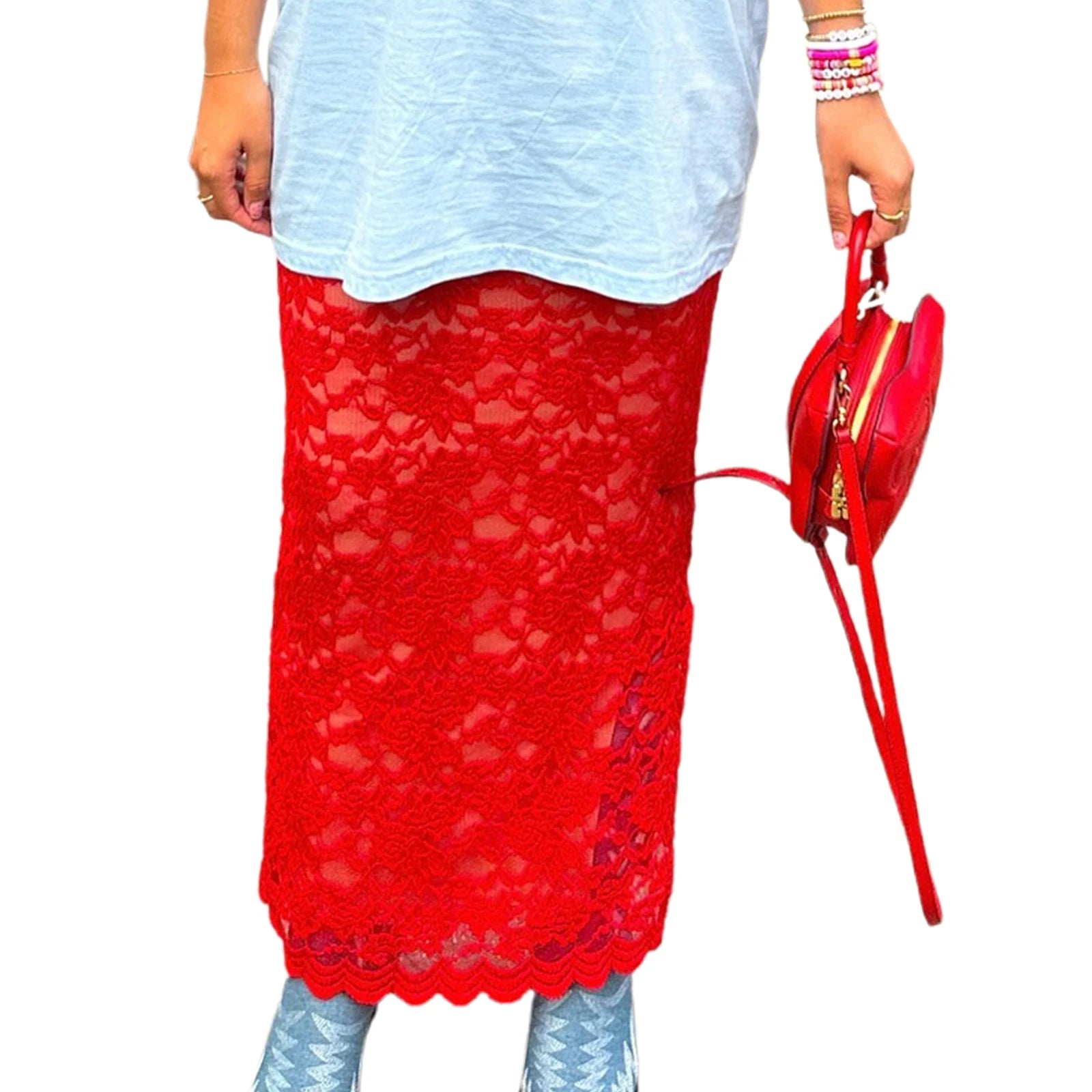 Cyflymder  Women's Summer Lace Long Skirts Elegant Low Waist Solid Color See-Through Midi Skirts Slim Fit Skirts