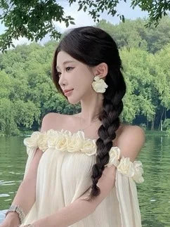 Cyflymder  One-shoulder Dr with 3D Floral Embroidery Beach Vaion Long White Gown Morning Robe Ceremony Dress