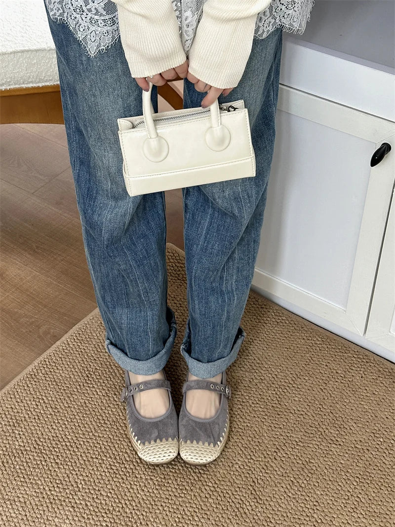 Cyflymder  New Woven Splicing Flats Women Faux Suede French Style Round Toe Buckle Mary Jane Shoes Comfort Shallow Designer Shoes Loafers