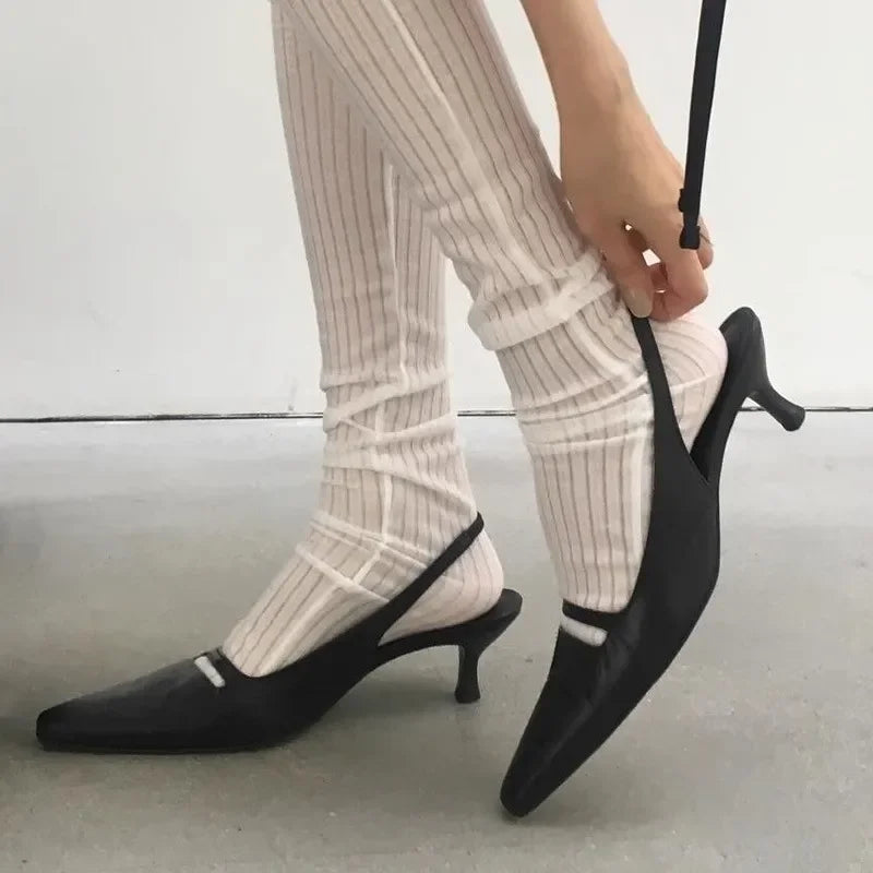 Cyflymder  Summer Pointed Toe Women Sandals Black Fashion Shallow Singbacks Shoes Design Style Low Heels Banquet Party Sandals