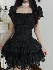 Cyflymder  Dark Gothic Sweet Lolita Dress Women Cross Patchwork Lace Ruffle Puff Sleeve Tie Waist Slim Fit Mini Dress Sexy Party Outfit