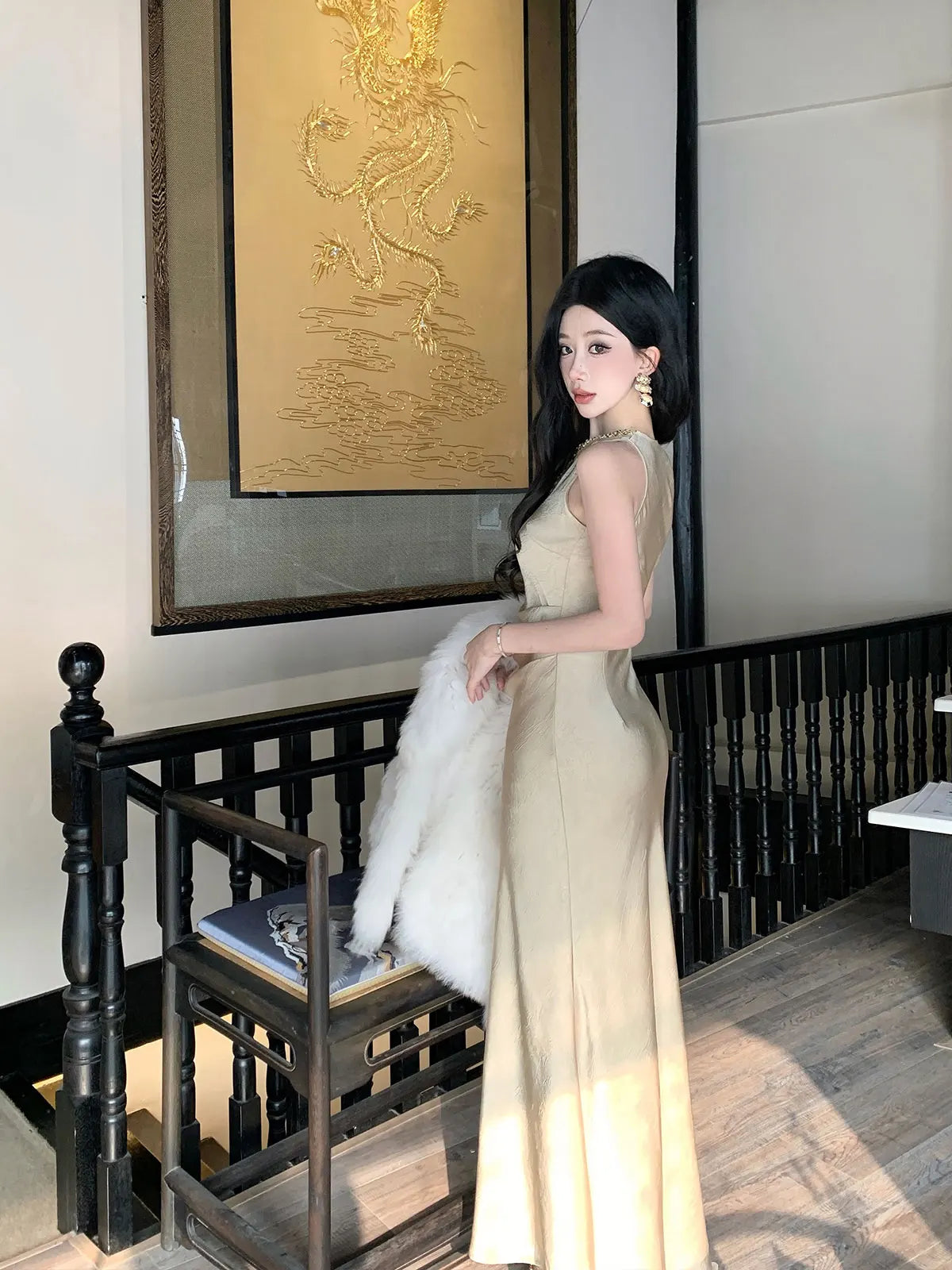 Cyflymder  Elegant Gold Sleeveless Long Dress V-Neckline Events Evening Parties Luxurious woman dresses  Hot Sexy Flowy Clothing
