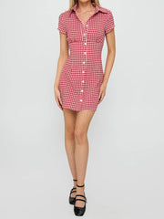Cyflymder  Women Plaid Shirt Dress  Fit Collared Short Sleeve Button-up A-line Mini Dress Casual Summer Streetwear with Belt