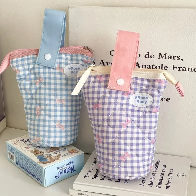 Cyflymder  1 Piece Sweet Chic Pen Holder for Kids Girl Cute Princess Bow Plaid Pencil Pouch School Portable Large Capacity Stationery Bag