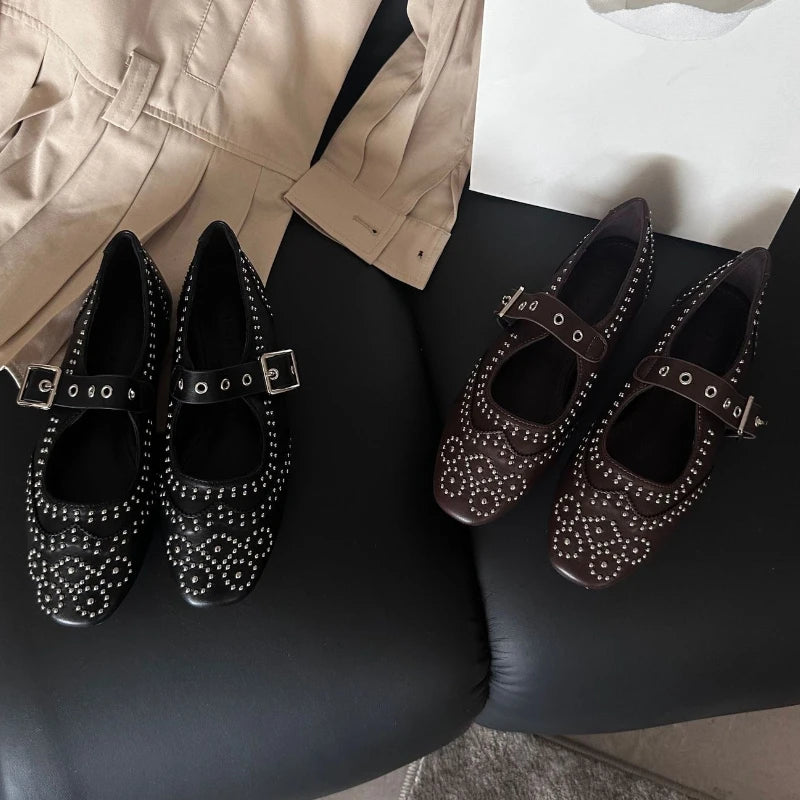 Cyflymder  Retro Rivet Buckle Design Flats Women Round Toe Shallow Elegant Mary Jane Shoes for Ladies Fashion Brand Designer Casual Shoes