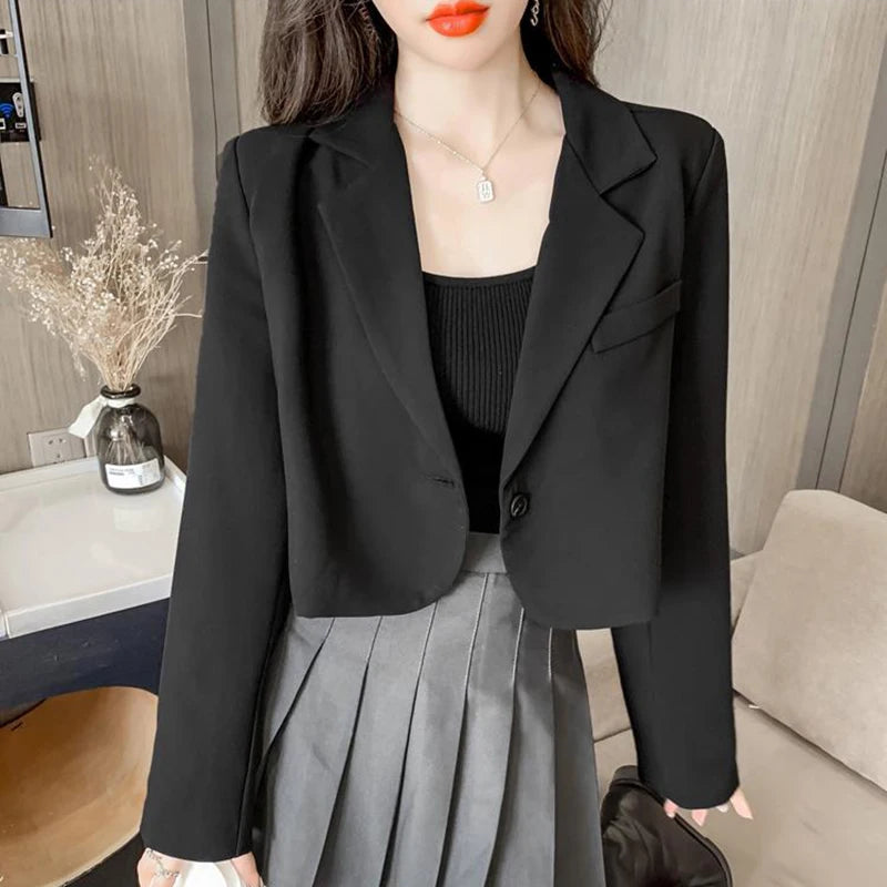 Cyflymder Cropped Blazers for Women New Korean Fashion Long Sleeve Button Up Suit Jacket Woman Elegant All Match Office Blazer Female