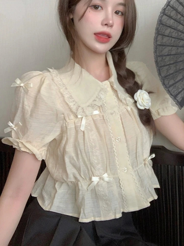 Cyflymder Sweet Blouses Women Lolita Style Kawaii Bow Puff Short Sleeve Crop Tops Girls French Lace Peter Pan Collar Shirt Summer Clothes