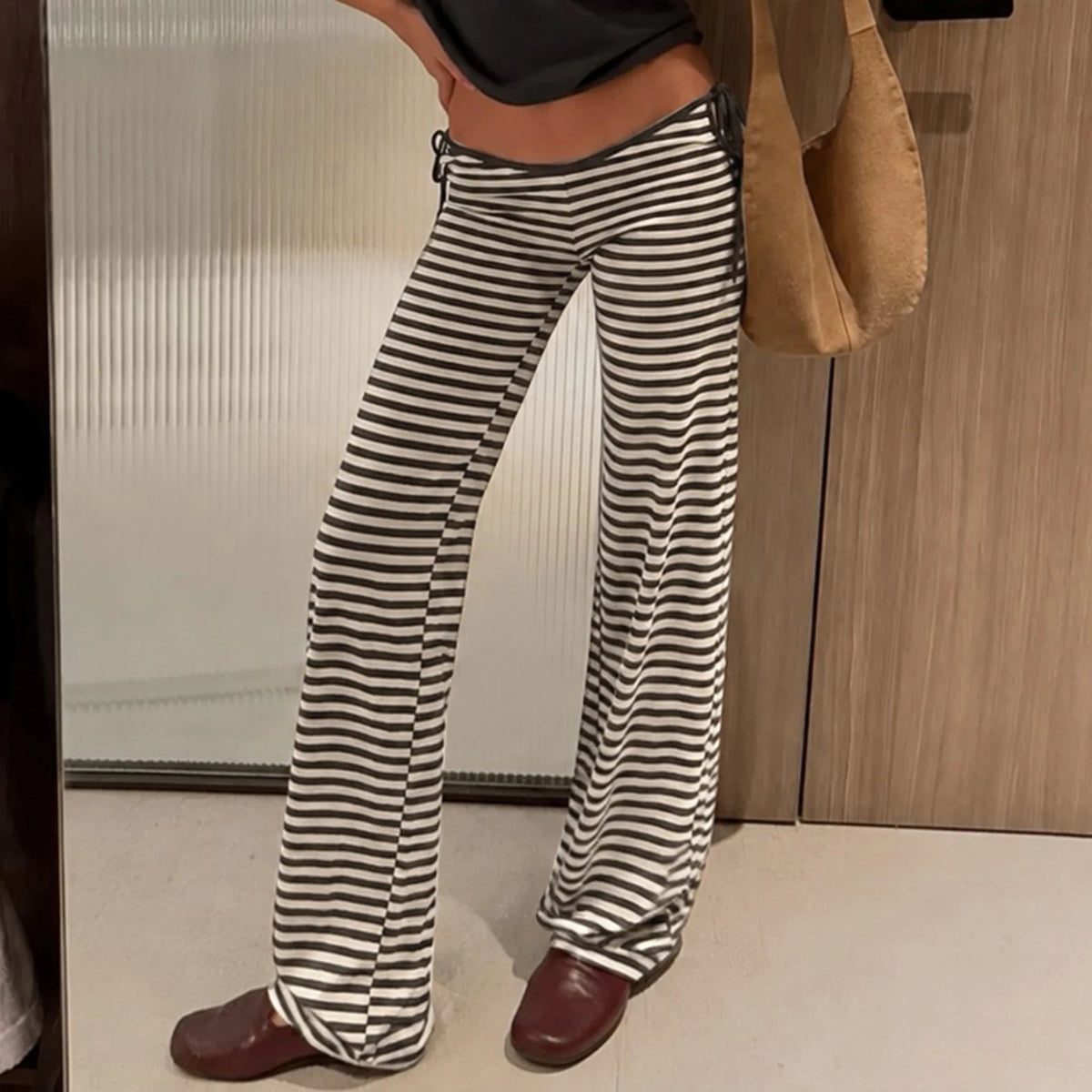 Cyflymder   Women Striped Low Rise Flare Pants Side Lace‑Up Drawstring Casual Bell Bottom Trousers Retro Streetwear Bootcut Pants