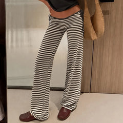 Cyflymder   Women Striped Low Rise Flare Pants Side Lace‑Up Drawstring Casual Bell Bottom Trousers Retro Streetwear Bootcut Pants