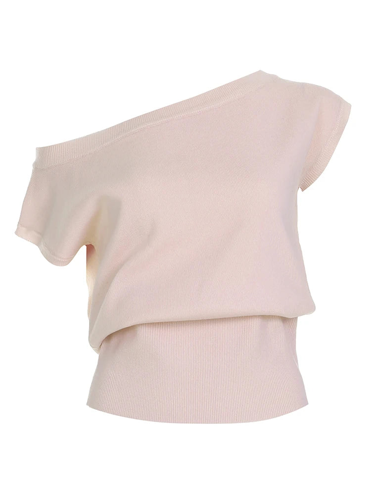 Cyflymder  Asymmetrical Off-shoulder Crop Top Women Vintage y2k  Solid Pink Casual T-shirts Summer Cute Coquette Tees Shirts Women