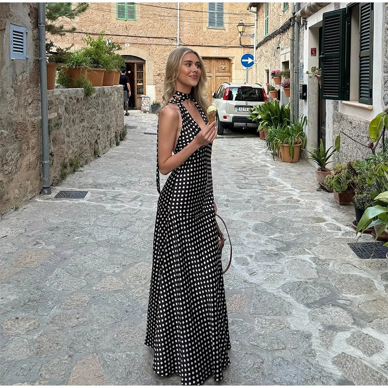 Cyflymder  Polka Dot Halter Backless Long Dress Women Off Shoulder V-neck Scarf Sexy Sleeveless Dresses 2025 Summer Street Holiday Robe