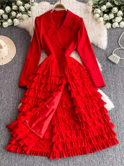 Cyflymder Autumn Winter Women Red/Black/Khaki Party Long Dress Vintage Notched Collar High Waist Tierred Ruffle Maxi Vestidos Female New