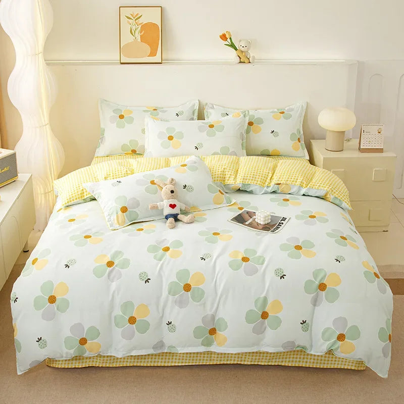 Cyflymder  Ins Style Plant Printed Skin Friendly Cotton Bed Sets 4Pcs Soft Cozy Duvet Cover Set for All Seasons King Queen Textile Supplies