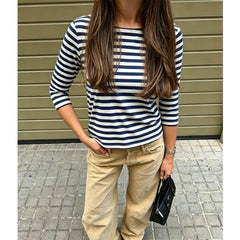 Cyflymder  Women Sexy Striped Print Mid Sleeve T-shirts Minimalist Y2K Cottage Slim Casual Shirts Spring Fall Tees Tops Streetwear