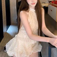 Cyflymder  Stylish French Style Polka Dot Halter Dresses Female Clothing Sleeveless Summer Elegant Waist Aura Backless Ball Gown Mini Dress