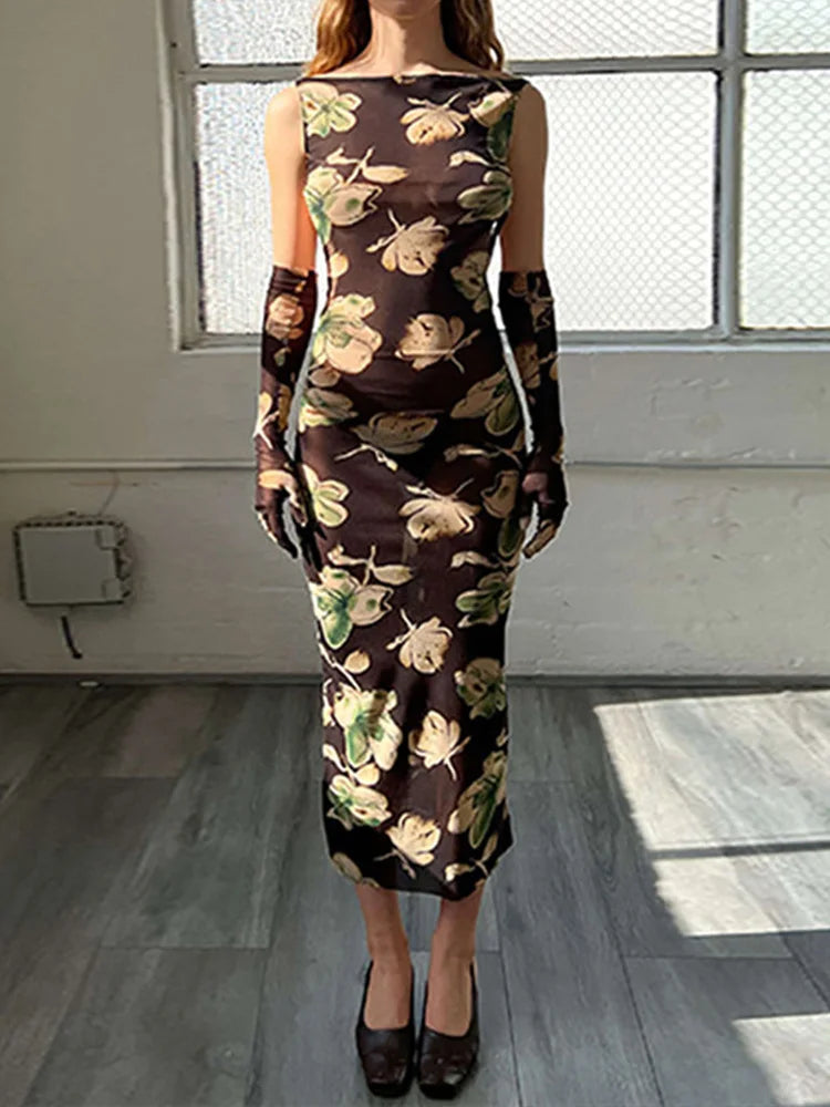 Cyflymder  Vintage Mesh Maxi Dress Female Streetwear Floral Printing Open Back Off-shoulder Bodycon See Through Sexy Dress With Gloves