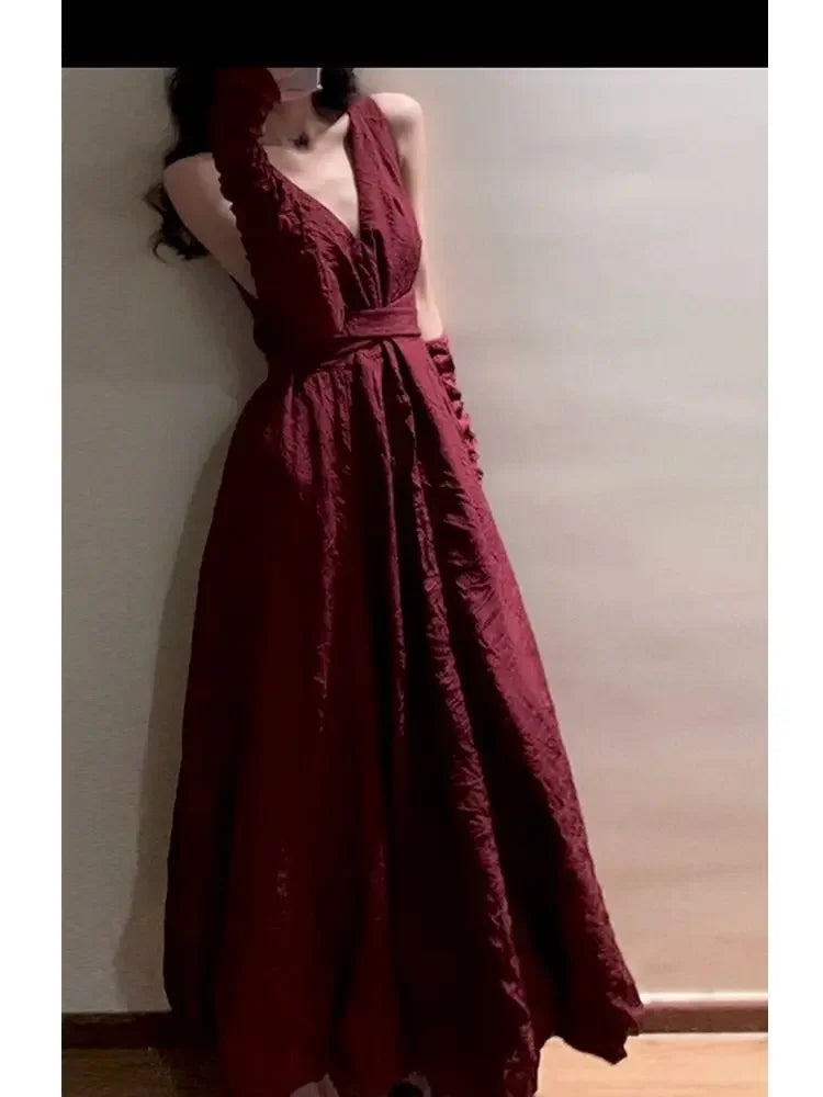 Cyflymder  Women Red Sleeveless Fairy Seaside Vacation Camisole Dress Summer New Beach Slim Waist Large Swing V neck Dresses