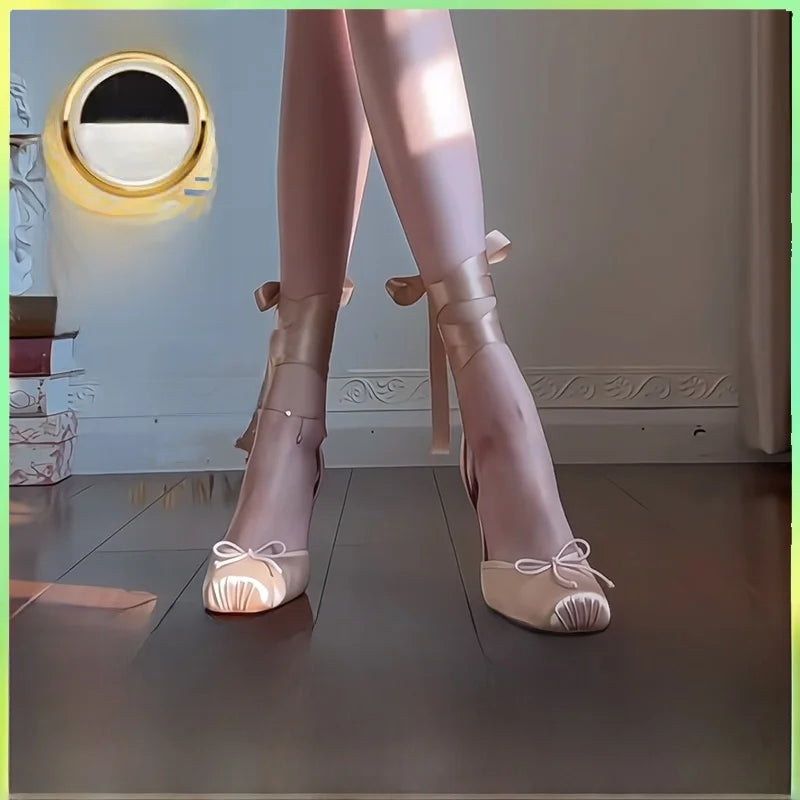 Cyflymder  Red Sole Satin Ballet Girl  Knot Head Cover Sandals High Heels Design Pig Nose Faionable Commute Low Help Footwear