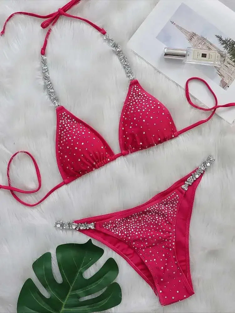 Cyflymder  Shiny Diamond Party Bikini Two-Piece Set Women's Sexy Solid Color Lace-up Swimwear Beach Female Summer New