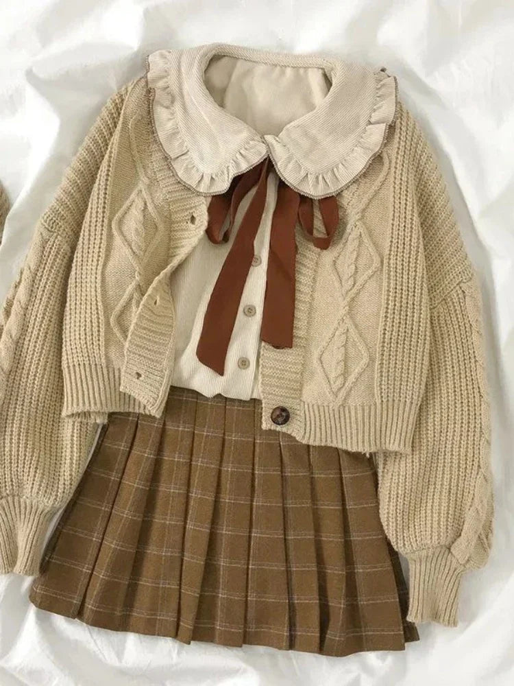 Cyflymder Vintage Preppy Suit Girl Knitted Vest Cardigan + Doll Collar Long-sleeved Shirt + Pleated Plaid Skirt Three-piece Spring Autumn