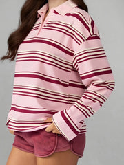 Cyflymder  Women s Long Sleeve Striped T-shirt with Turn-down Collar Loose Fit Casual Top for Fall Streetwear Fashion