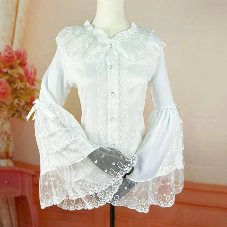 Cyflymder Japanese Gothic Lolita Style Shirts Women Vintage Elegant Lace Embroidery Ruffles Collar Slim Tops Victorian Flare Sleeve Blouse