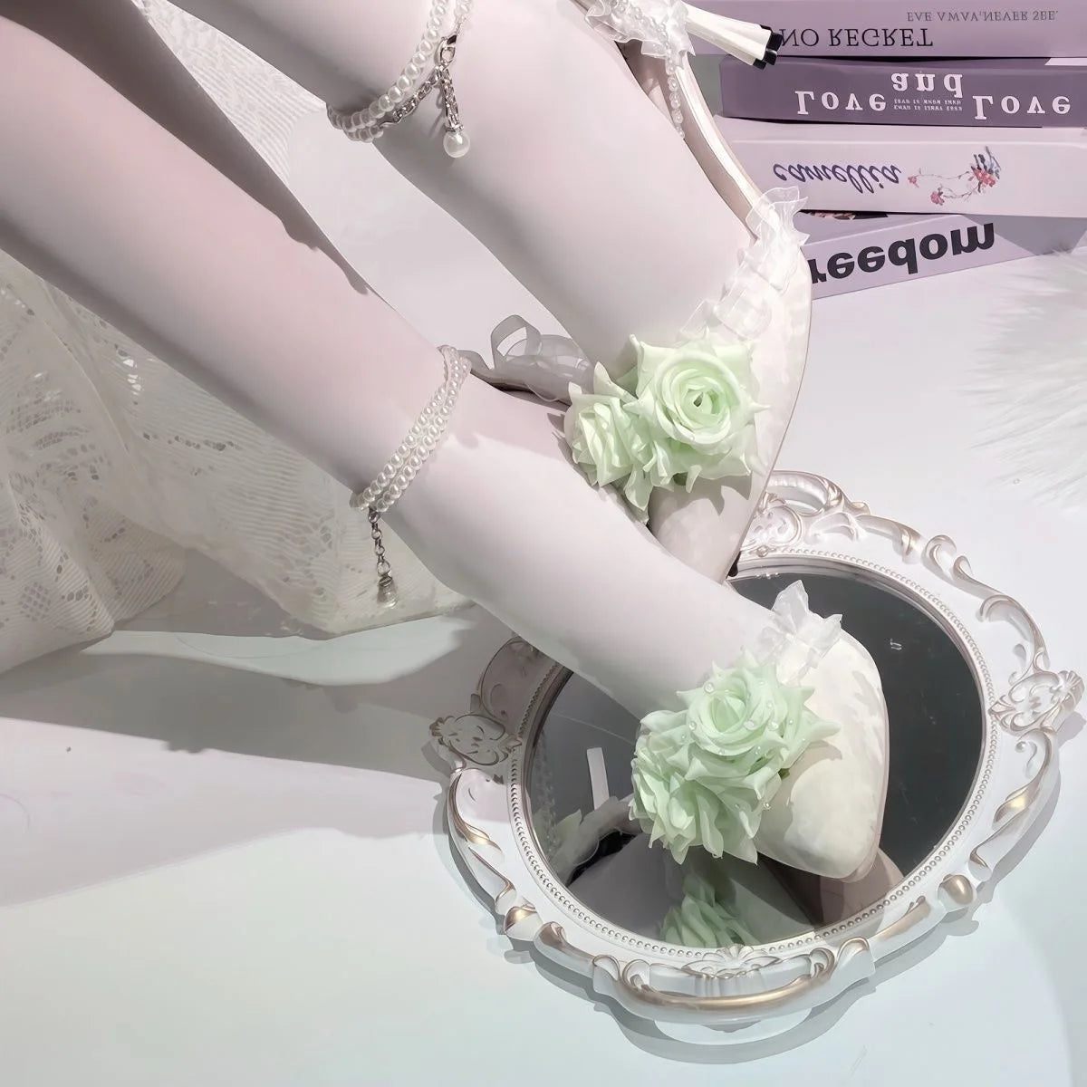 Cyflymder  Lolita cosplay high heel Mary jane shoes y2k heels rose wedding shoes bridal heels pointed toe heel green white heel