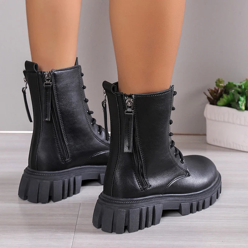 Cyflymder Black New Women Ankle Boots Autumn Winter Platform Lace Up Ladies Punk Boots Thick Sole Zipper Combat Booties Female