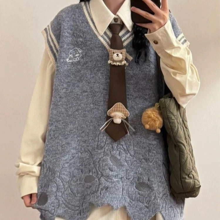 Cyflymder  Japanese Cartoon Embroidery Women Sweater Vest Harajuku Loose Patchwork Waistcoat Y2k Aesthetic Irregular Knitted Grunge Tanks
