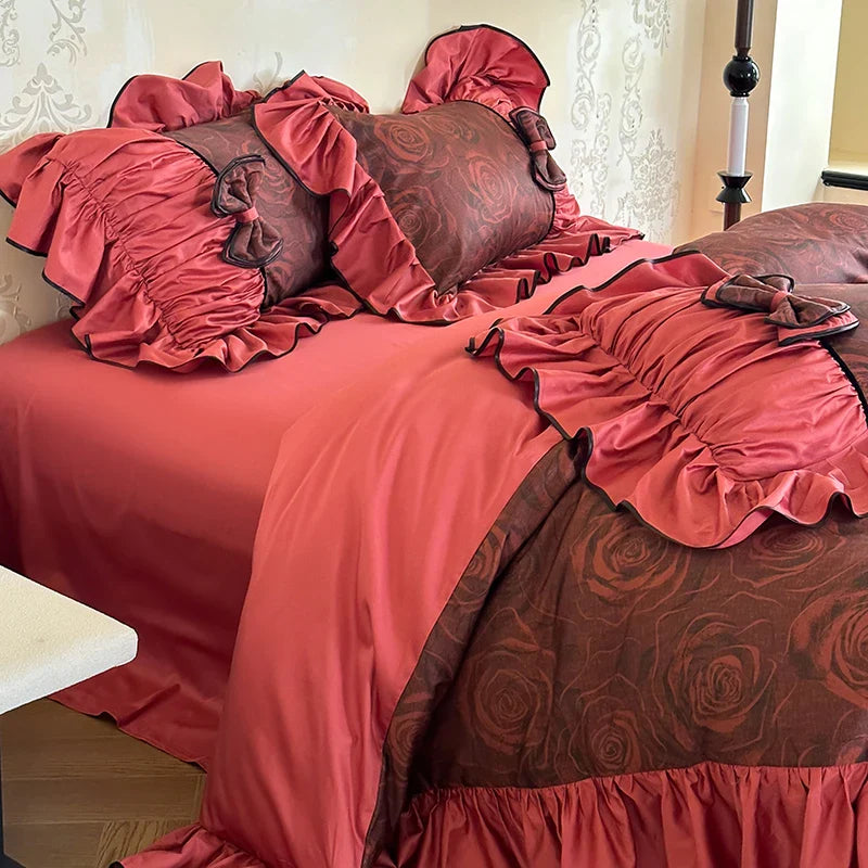 Cyflymder Red Rose Bow Lace Edge Design Cotton Bedding Set Duvet Cover Linen Fitted Sheet Pillowcases Home Textile