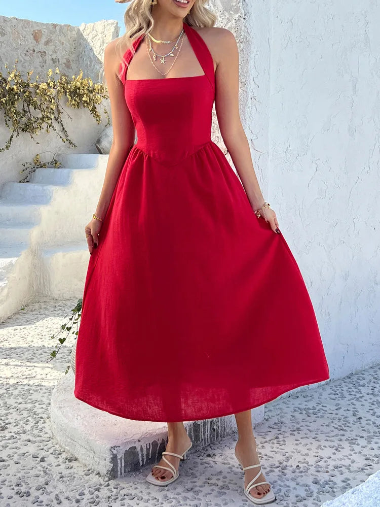 Cyflymder  Slimming Halter Backless Sleeveless Dress for Women Solid Color High Waist Casual Summer Vacation Beach Sundress