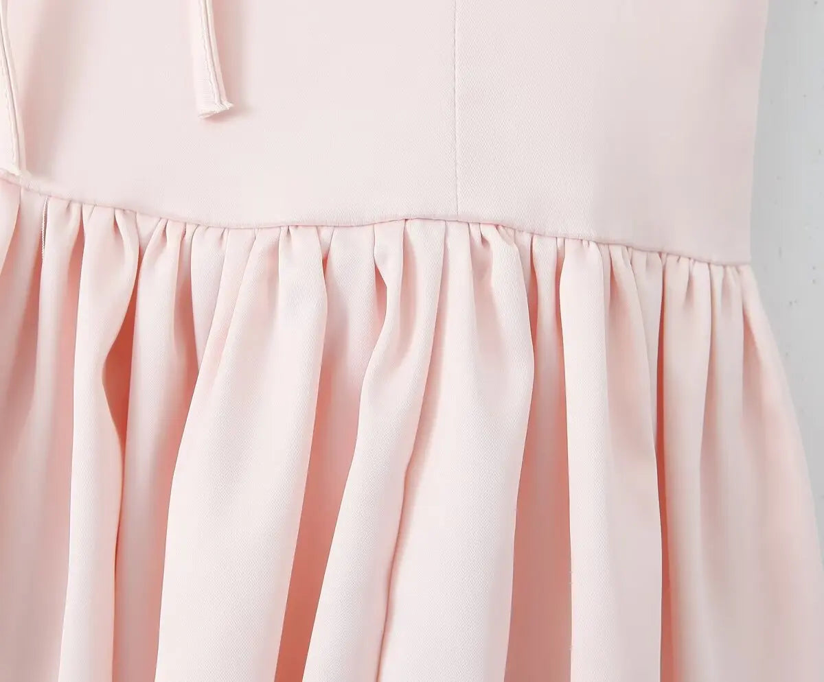 Cyflymder  Women Sexy Pink Bow Ruched Chest Corset Style Satin Sling Dress Low Back Slim Waist Spliced Pleated Swing A line Mini Party Robe