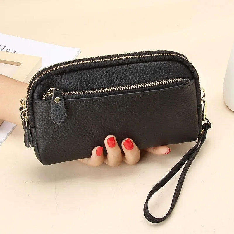 Cyflymder  Genuine Leather Women Double Zip Wallet new Ladies Clutch Purse Cowhide Wristlet Bag Coin Purse Fashion Mobile Phone Bags