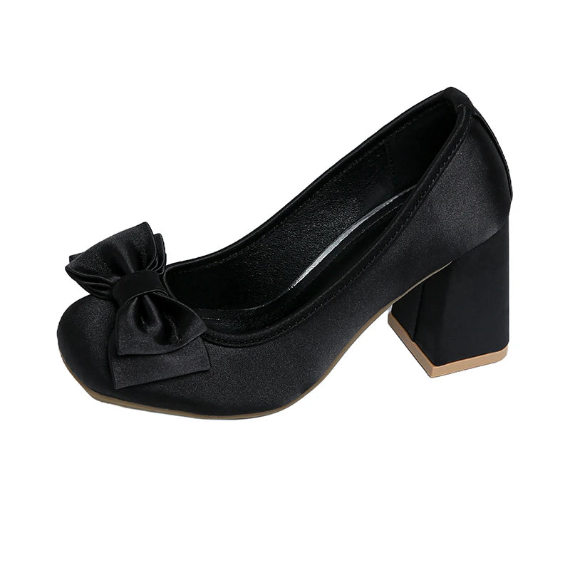 Cyflymder  Woman Square Toes Bowknot Design Women High Heels Shoes Fashion Women Grace Chunky Heels Lady Party Shoes 90869