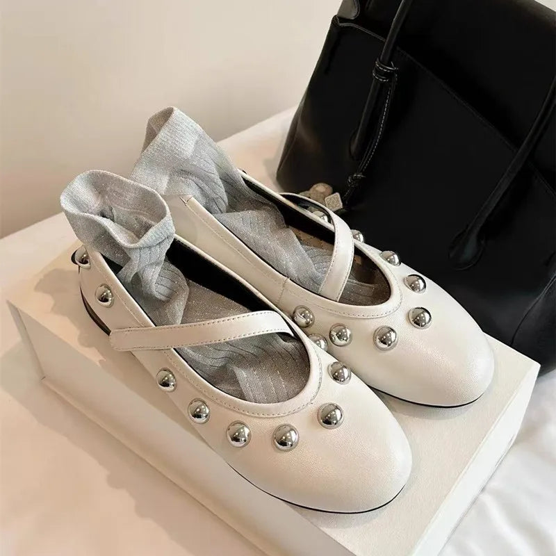 Cyflymder  Fashion Rivet Sequined Mary Janes Women Ballet Flats Spring Autumn Comfortable Soft Soles Leather Walking Loafers Casual Shoes